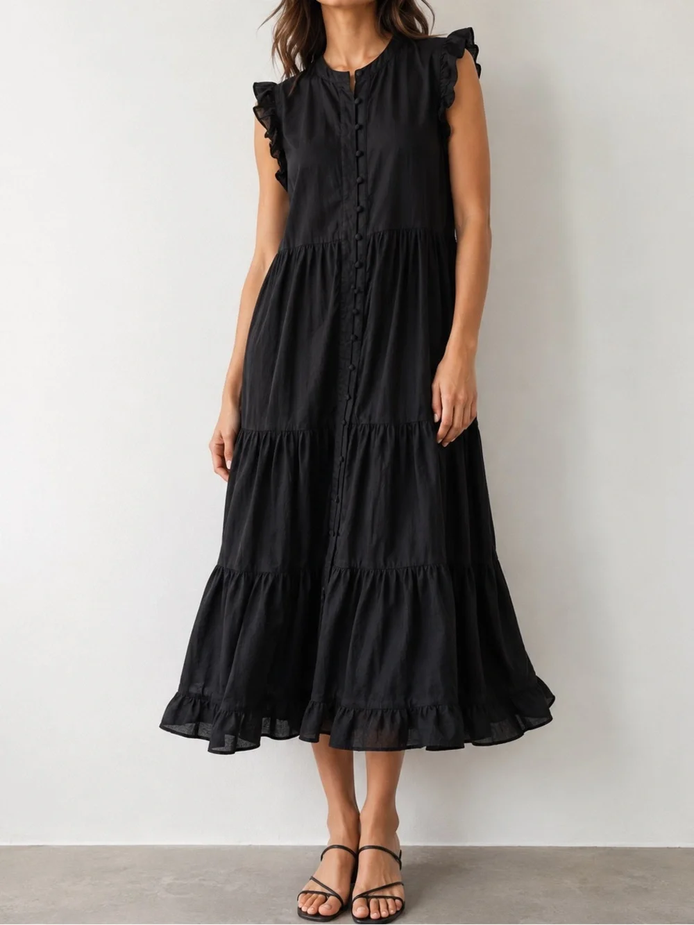 Boden Black Cotton Button Front Flutter Sleeve Minimalist Chic Midi Dress - Picture 10 of 10